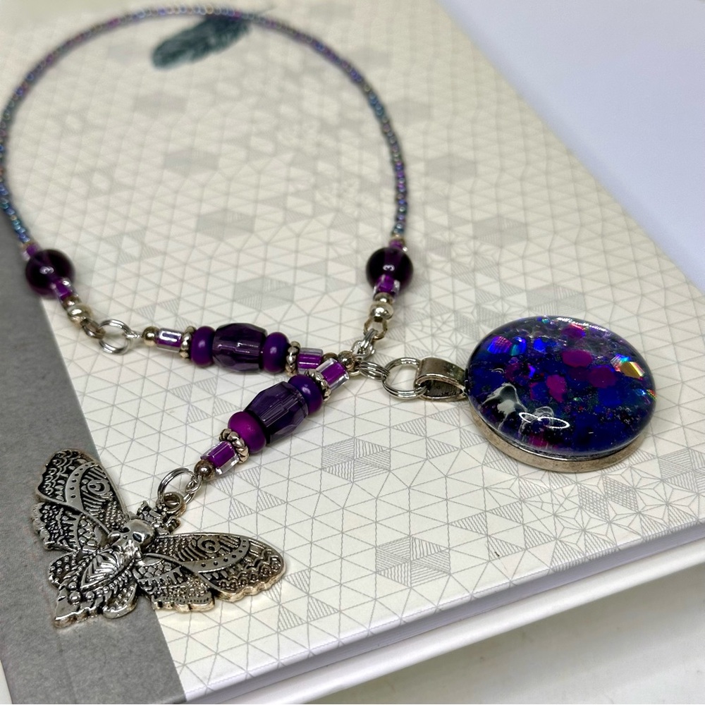 NEW Handmade - Mystical Purple and Silver Bookmark with Moth Charm